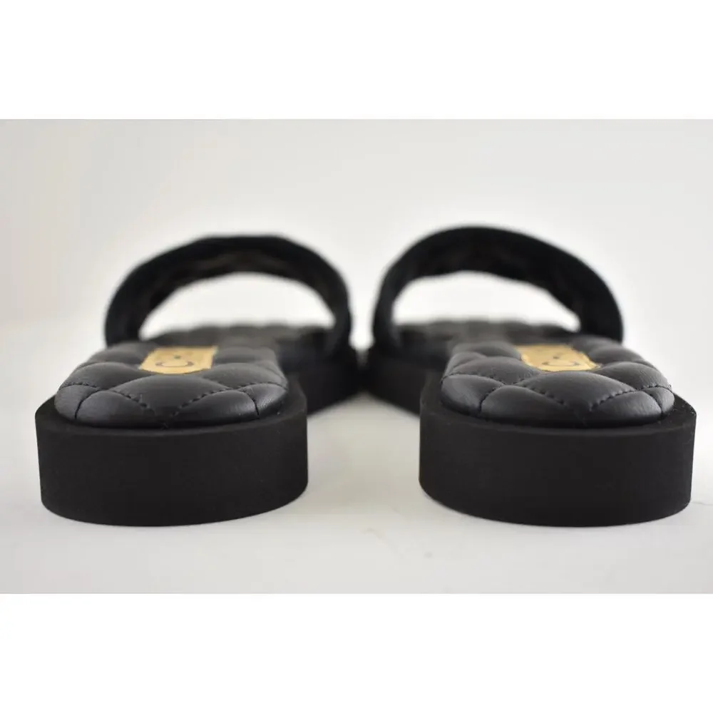 Chanel REV Black Quilted Leather Gold Logo Mule Slide Sandal Flip Flop Flat 35